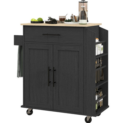 Kitchen Island With Ac Outlets & Ports, Rolling Storage Cart Towel Spice Rack, Black Charging Station, Microwave Stand,