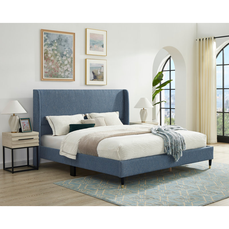 Ensemble de chambre à coucher avec lit tapissier à oreilles avec deux tables de chevet 3 pièces Arles, Blue, Queen
