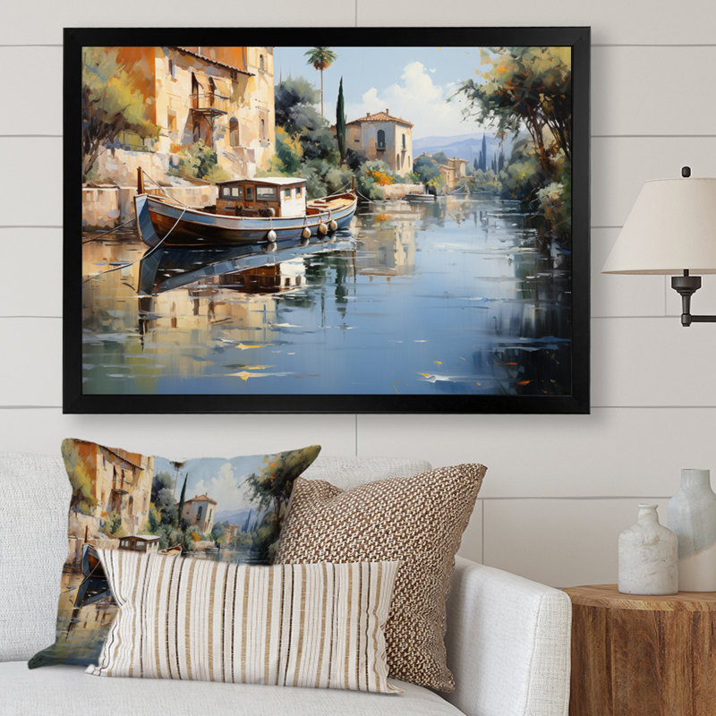 Beige canal impressionniste - imprimé, H 24 po x l 32 po x P 1 po, Cadre photo noir