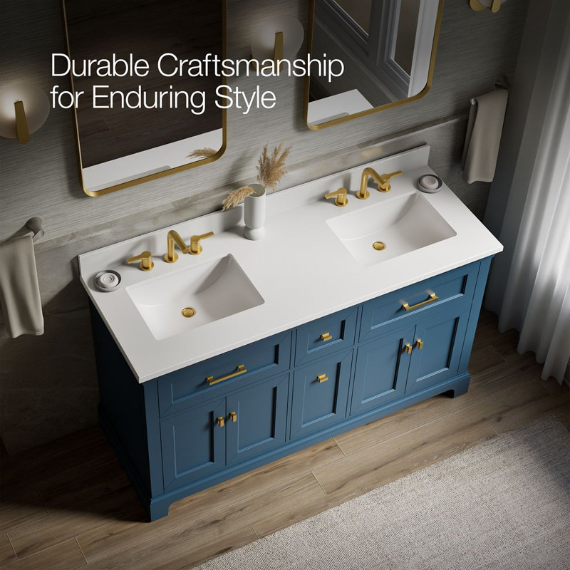 Charlemont 60 In. Bathroom Vanity Cabinet With Sinks And Quartz Top, Tidal Blue