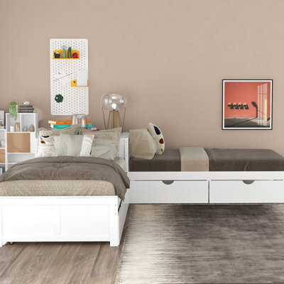 Twin L-shaped Platform Bed In White With Trundle, Drawers & Desk - And Long-lasting Functional Layout