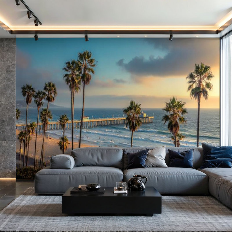 Papier peint adhésif autocollant et amovible Sunset California Beach, L 144 po x l 100 po