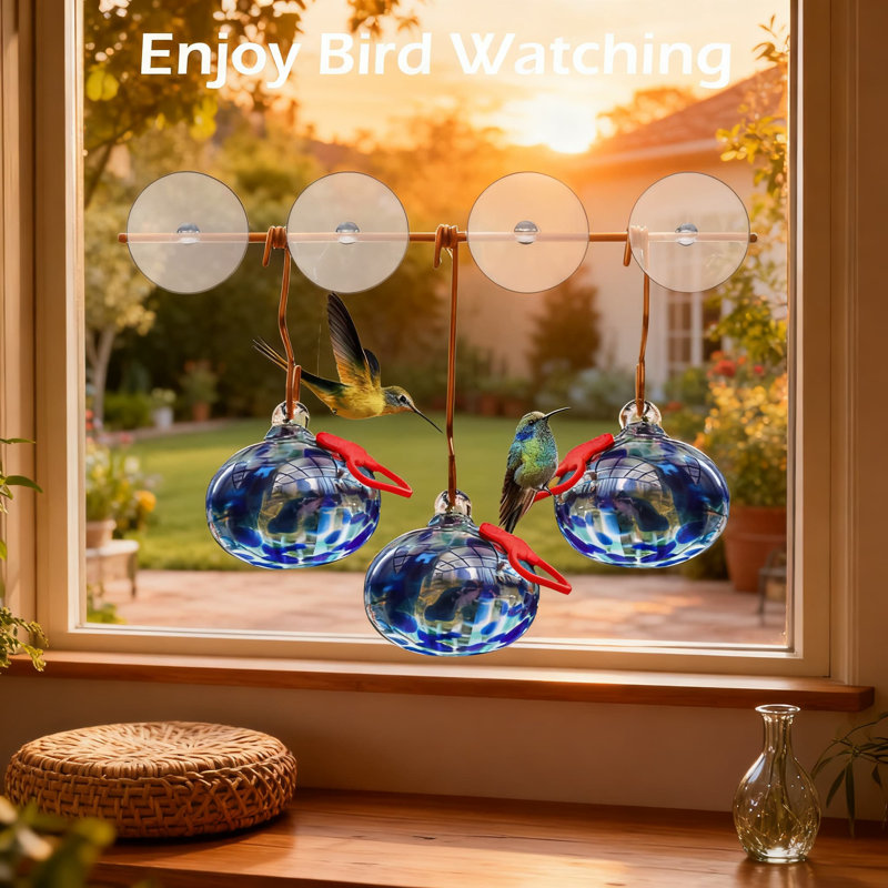 Mangeoire à colibri pour fenêtre avec ventouses, mangeoire en verre soufflé à la main pour observer les oiseaux de près, jardin extérieur et jardin avec crochet en métal durable