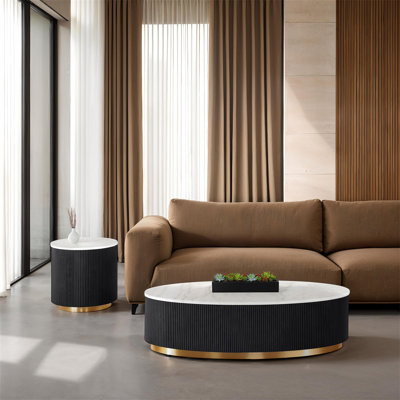 Contemporary 3Pc Table Set 1X Oval Cocktail Table 2X Round End Table Marble Top Gold Accent Stainless Steel Plinth Base White Gold And Black Finish Primary Living Room