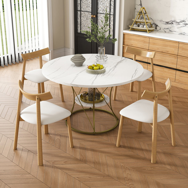 Ensemble de table de salle à manger, table de salle à manger extensible ronde avec base en métal, 4 chaises à structure en bois