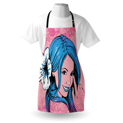 East Urban Home Aloha Apron Unisex Hawaiian Girl Pop Art Design Adult Size Magenta Pale Pink and Blue