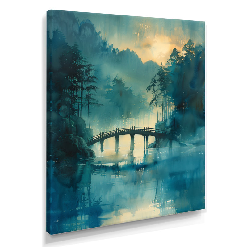 Bleu, bleu, printemps, eau, bord, pont, ponts, art mural, salon, Toile tendue, 32" H x 24" W