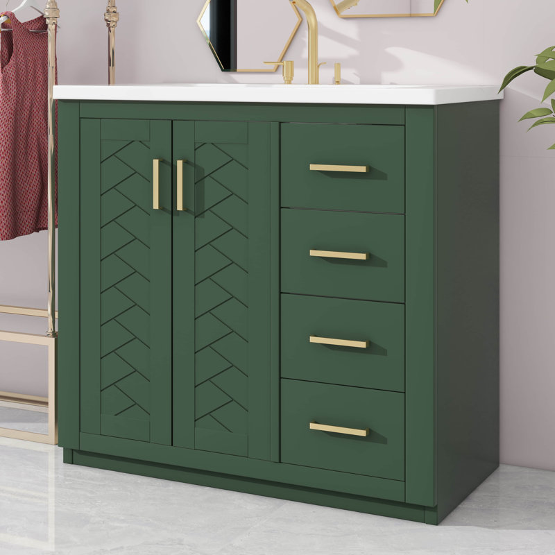 Ensemble de meuble-lavabo 36 po avec lavabo en céramique 36 po, meuble-lavabo autonome avec 3 tiroirs, Vert, Doré