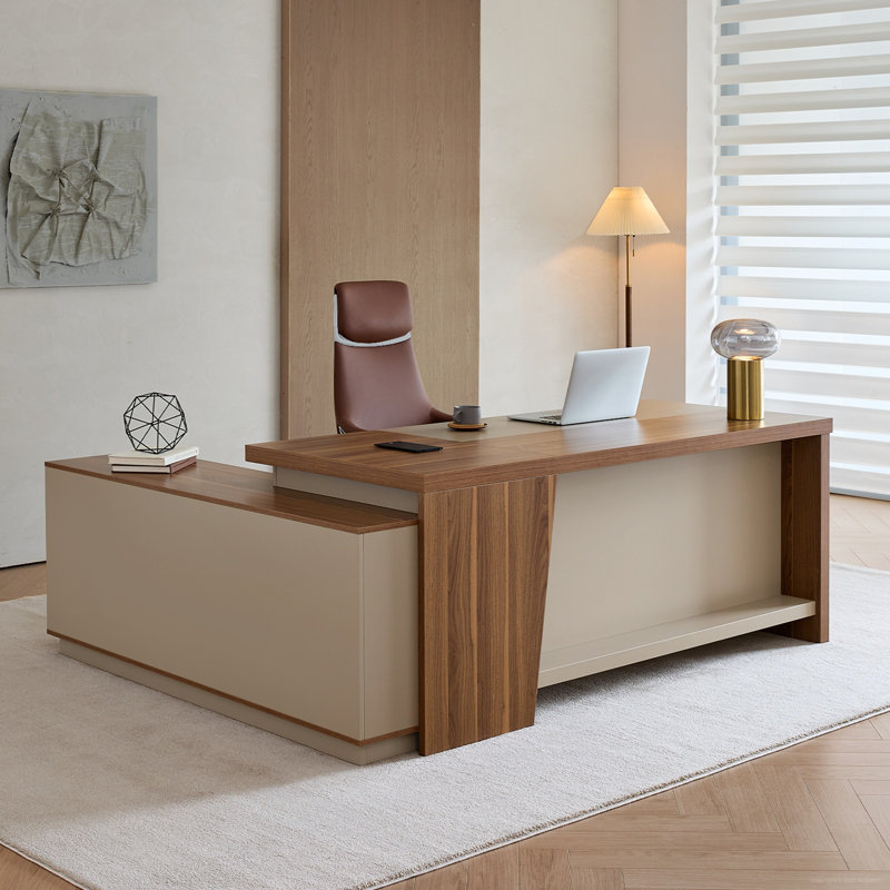 Bureau de direction ergonomique luxueux en L avec rangement intégré et gestion de l'alimentation