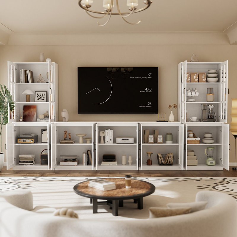 White Entertainment Center With Glass Door Hutch,118" W X 70.9" H Freestanding TV Console With Storage Drawers & Closed Cabinets | For Tvs Up To 75" Media Wall Unit
