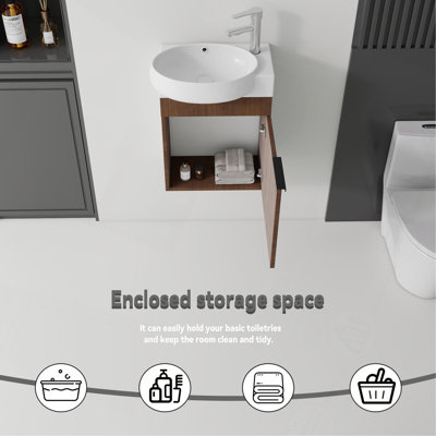 16" Floating Bathroom Vanity Combo, Wall Mounted Solid Plywood Cabinet with Ceramic Sink & Soft-Close Doors for Small Bathrooms