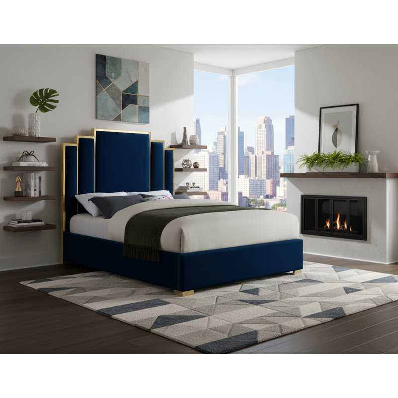 Lit plateforme tapissier Hugo, Grand, Velours marine
