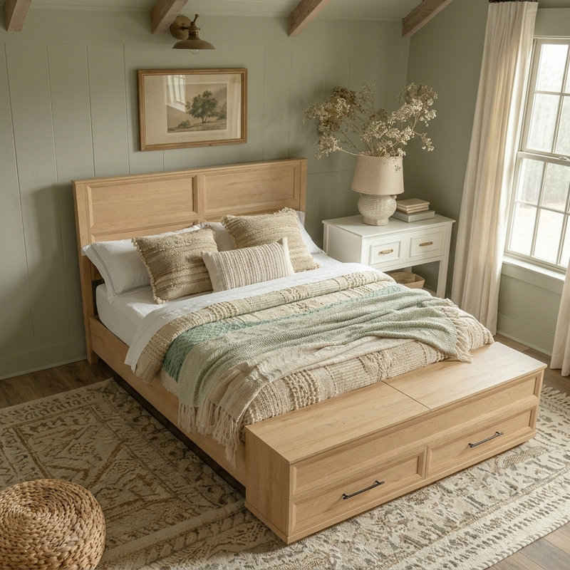 Lit plateforme avec rangement en bois avec 2 tiroirs et 2 compartiments de rangement au pied du lit, Grand lit, Chêne