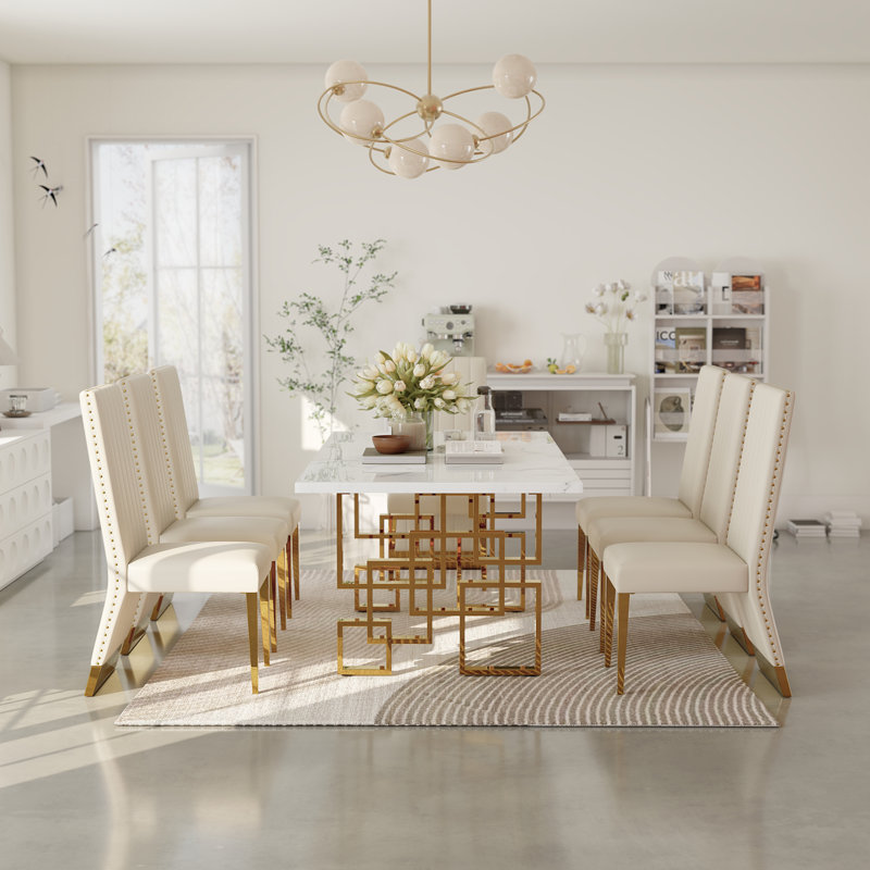 Luxury White Dining Table With Polished Geometric Base, Gold