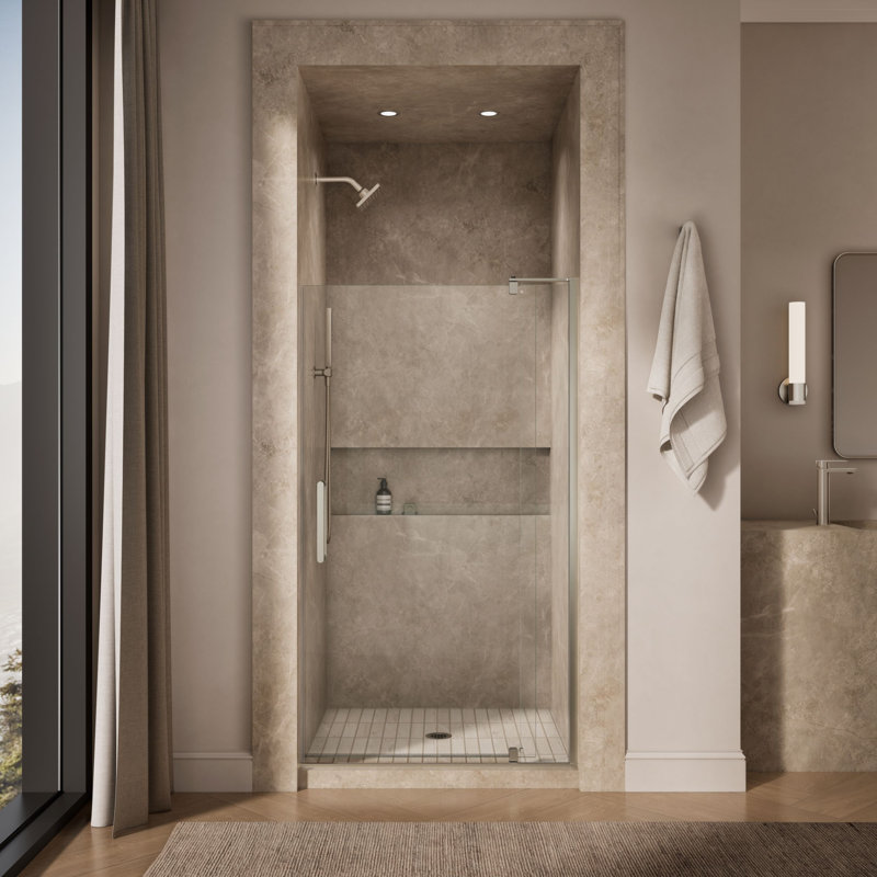 Revel 44'' x 70'' Pivot Shower Door with CleanCoat Technology, Anodized Brushed Nickel, Crystal Clear