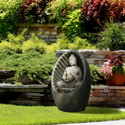 Zen Buddha Statue Cascading Water Fountain with LED Lights, 16" Tall Resin Outdoor Water Feature for Garden Patio Meditation Space Decor