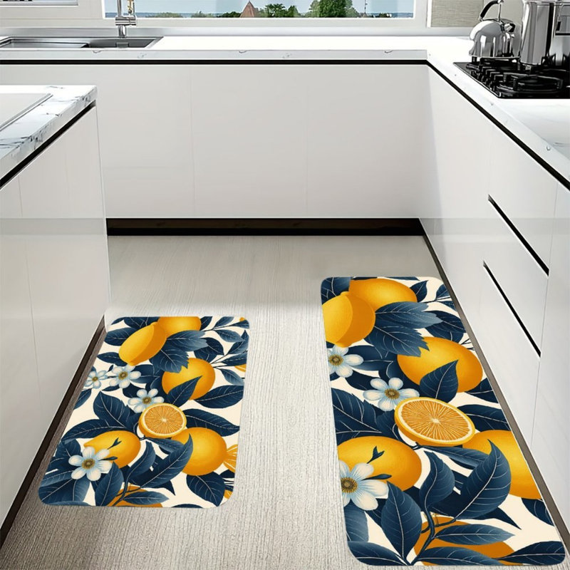 Tapis de cuisine à imprimé citron bleu marine, paquet de 2 pour décor de cuisine et de salle à manger