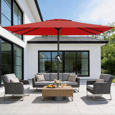 Parasol de patio rectangulaire tout acier 8 pi x 10 pi, protection UV UPF 50+, manivelle, 8 baleines robustes, parasol de marché extérieur pour jardin, piscine, cour arrière, rouge