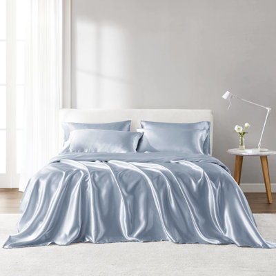 Queen Blue Luxury 6 Pcs Satin Sheet - Fitted For 16" Mattresses, Smooth On Skin, Helps Tame Frizz, Gentle Hair,