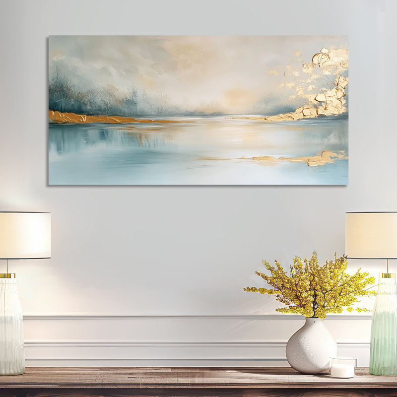 «White Gold Gold Summer Morning Mist Lake Simplicity», reproduction d'art sur toile encadrée abstraite, art mural nature grand