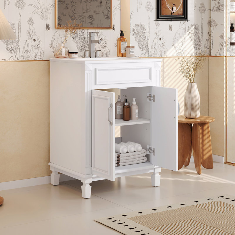 Meuble-lavabo 24 po avec lavabo supérieur, armoire de rangement moderne avec 2 portes à fermeture douce et tablette réglable, structure en bois massif