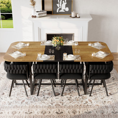 9-Piece Square Dining Set with Two-Tone MDF Table and 8 Jet Black Velvet Chairs, Seats 8, Ideal for Family Kitchens