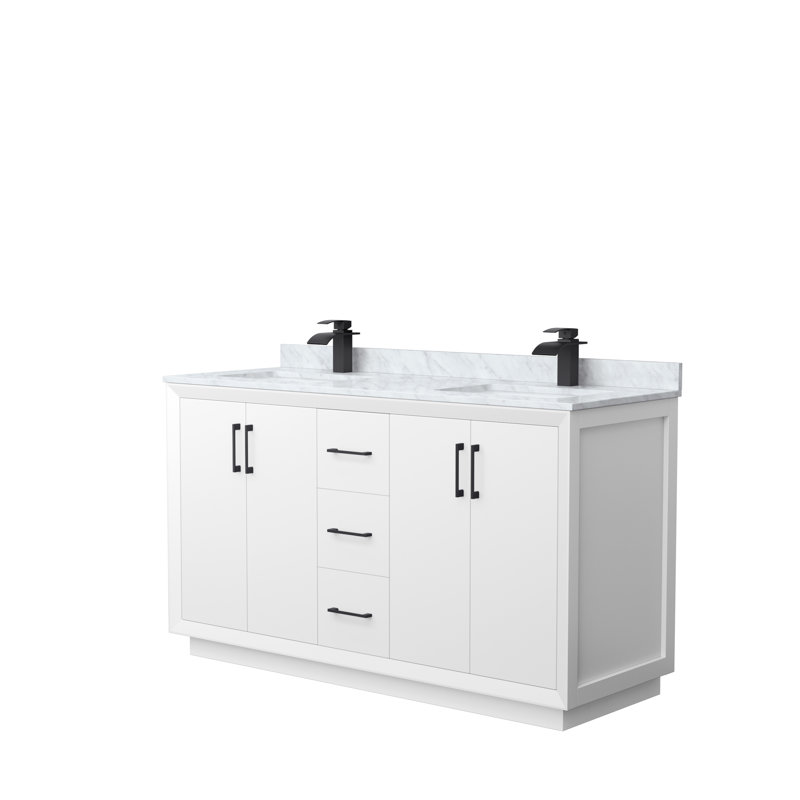 Ensemble de meuble-lavabo double 60 po Strada_ Marbre de Carrare blanc, Noir, noir, noir, noir, Blanc