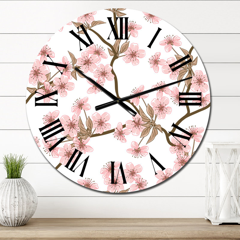 Horloge murale à motif de fleurs de cerisier roses sur fond blanc, Médium