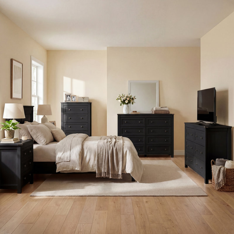 Jaretssi 6 - Drawer Double Dresser 42.7' W, Chest of Drawers with Metal Square Handle, Black/Gold