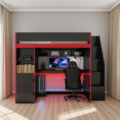 Lit mezzanine pour jouer avec bureau et rangement, lumières DEL, lit simple