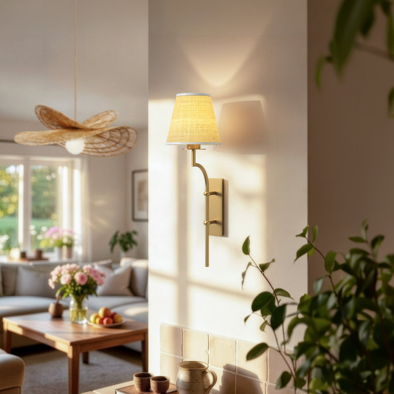 Applique murale 1 lumière Rowabi Arco Cone Rattan, Abat-jour rond rond