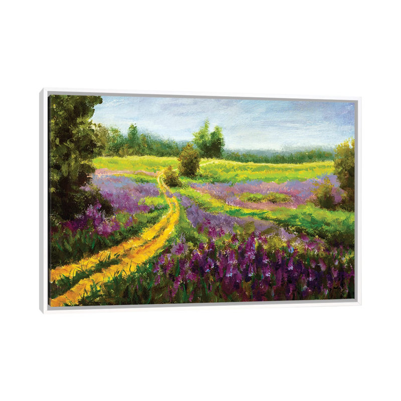 Purple Flowers Field by Valery Rybakow - Painting on Canvas, 101.6 cm H x 66.04 cm W, White Framed Canvas