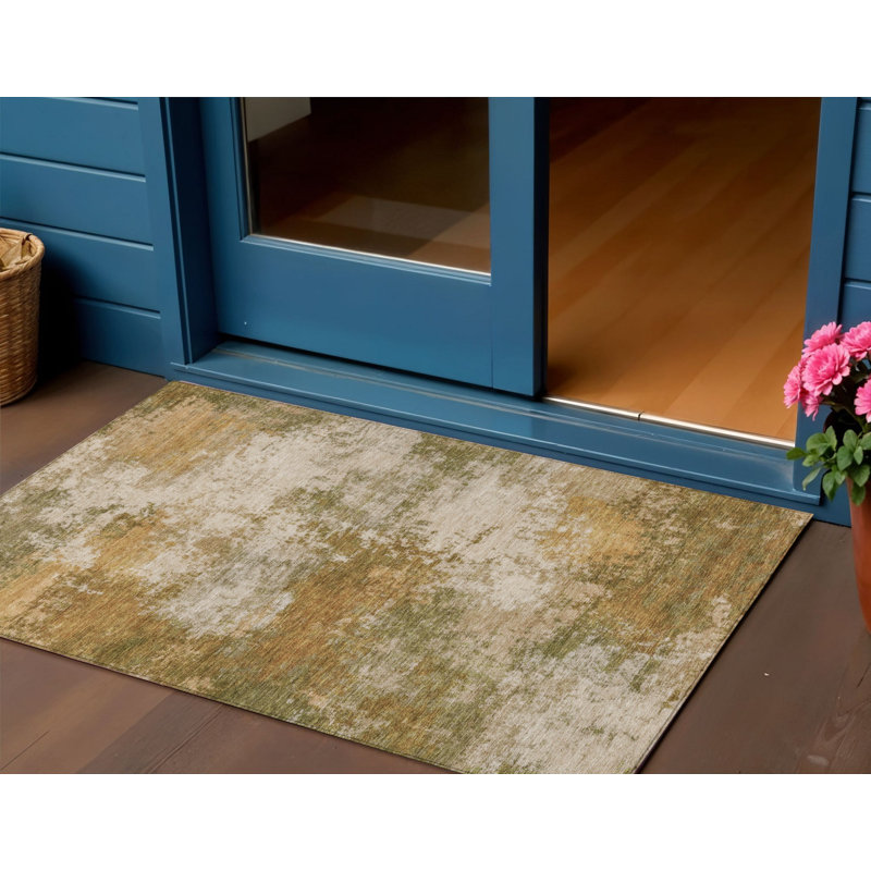 3' X 5' Copper And Ivory Abstract Washable Indoor Outdoor Area Rug