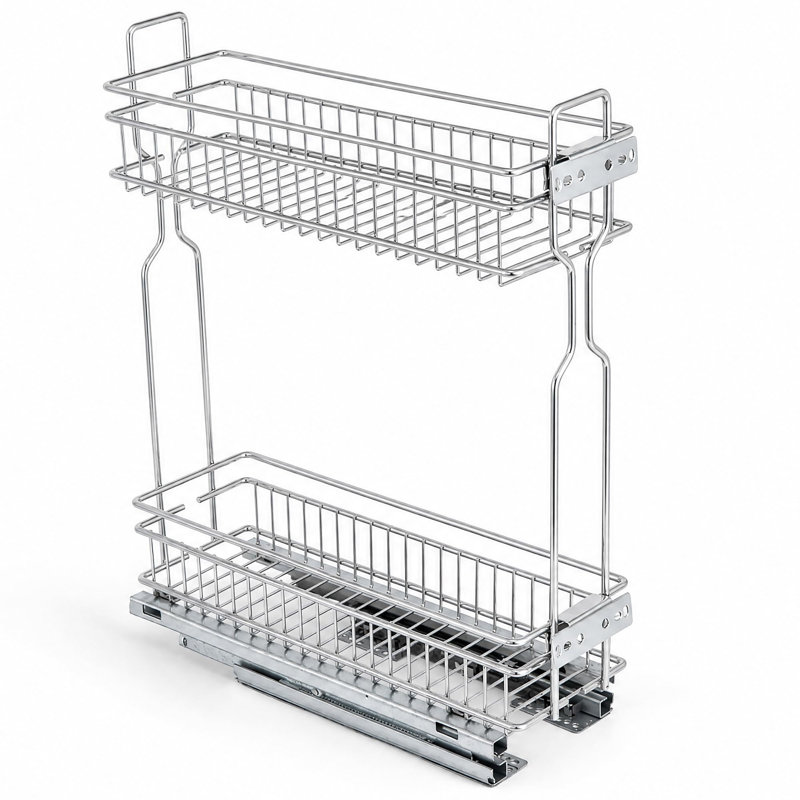 Organisateur de cuisine robuste à 2 niveaux escamotable - Support à épices coulissant chromé pour armoires sans cadre - Glissières à roulement à billes silencieuses - Convient aux bouteilles et aux pots - 5,7 pouces de large