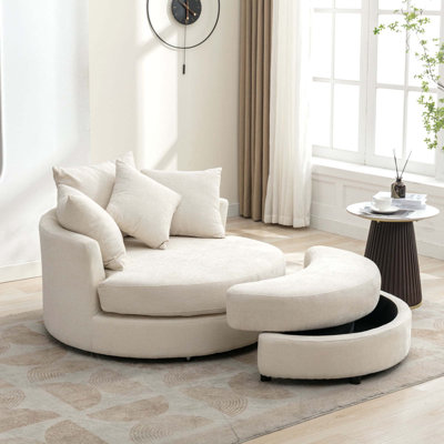 Fauteuil demi-tonneau pivotant à 360 ° avec repose-pieds avec rangement et 4 coussins, fauteuil de loisirs moderne en chenille pour salon