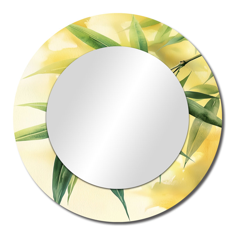 Feuilles de bambou vertes et jaunes en Afrique I - Art mural traditionnel sur miroir - imprimé sur métal, 23 po x 23 po