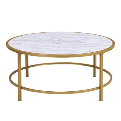 Gracie Mills 36" White And Gold Faux Marble And Metal Round Coffee Table – Industrial