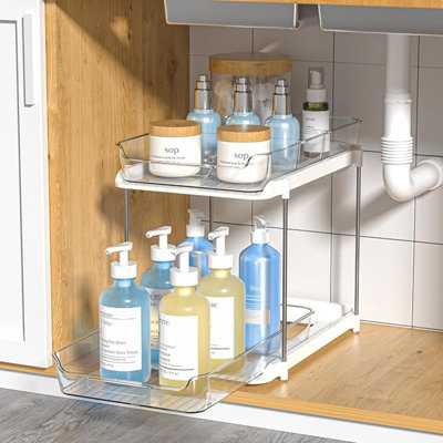 2-Tier Multi-Purpose Bathroom Cabinet Organizer, Pull Out Under Sink Organizers And Storage, Stackable Pantry Organization And Storage, Clear Under Cabinet Storage With Movable Dividers