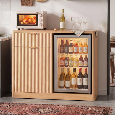 Coffee Bar Cabinet with Fridge Space, Mini Fridge Liquor Cabinet with Wine Storage & Charging Station, Fluted Buffet Sideboard with Glass Holder for Living Room Kitchen
