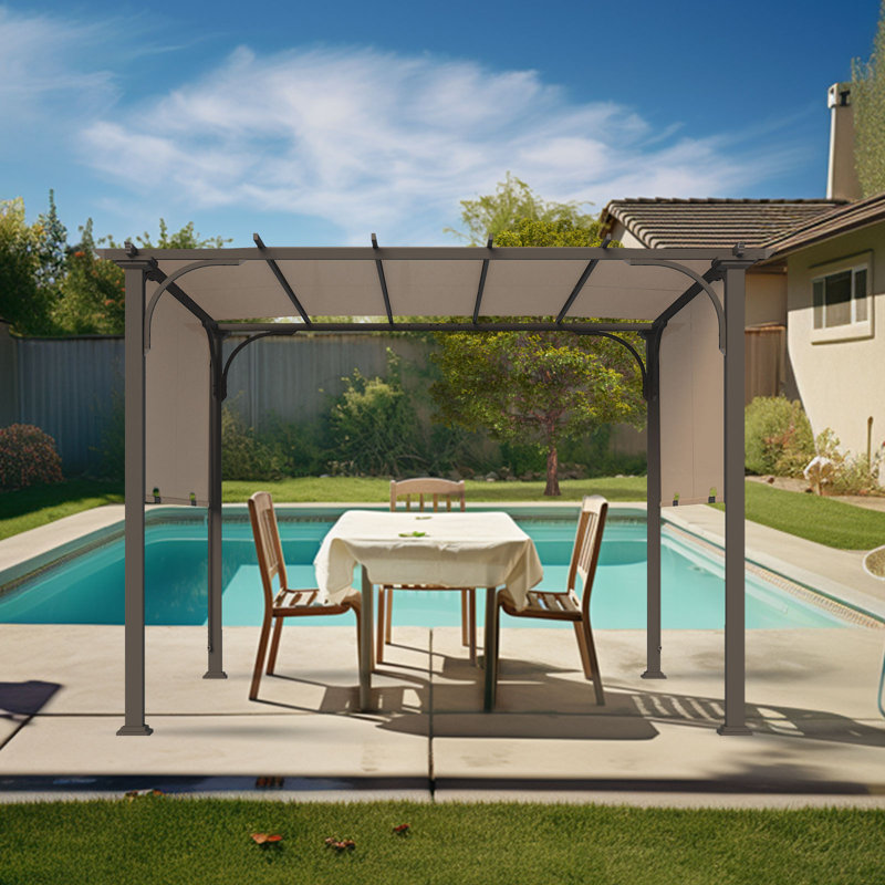 10x10 Tan Steel Pergola with Retractable Canopy