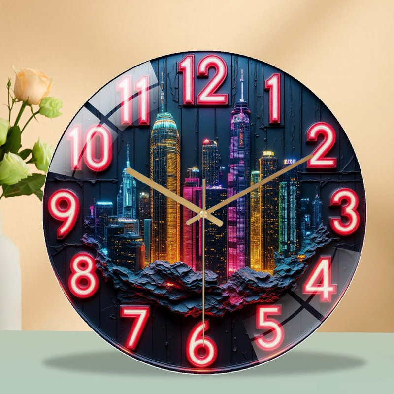 City Skyline Wall Clock Decorative Art Art - 12'' Modern Glass Wall Clock