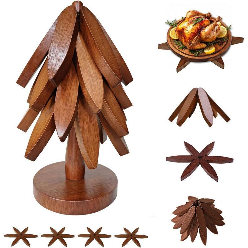 Ensemble d'arbres à plateaux en bois pour plats chauds, 100% bois naturel, sous-verres extensibles, napperons pliables avec 4 PCS (couleur noyer)