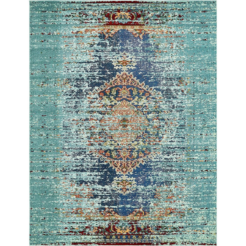 Tapis abstrait turquoise tissé à la machine Dimonetta, Rectangle 10 pi 6 po x 16 pi 5 po