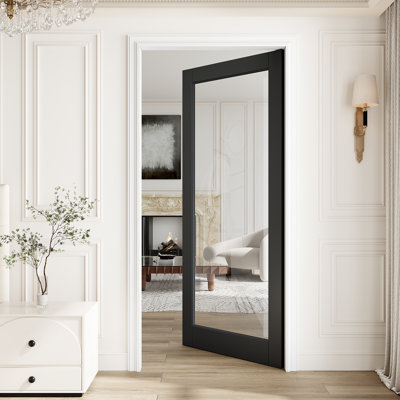 Panneau de porte noir 91 x 203 cm (36 po x 80 po), porte intérieure en verre trempé transparent noir à un vantail, sans cadre ni quincaillerie, idéale pour chambre, placard, couloir, salon, cellier et salle de bain, compatible avec les portes prémontées, de grange, coulissantes, françaises et pliantes.