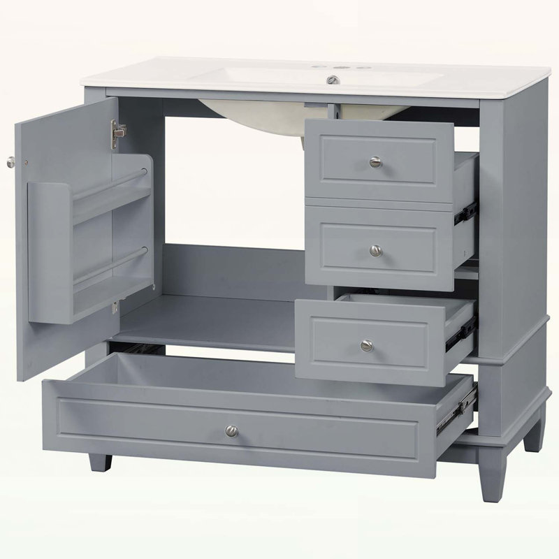Meuble-lavabo élégant avec lavabo en céramique, tiroirs et tablettes pour petits espaces, Gris