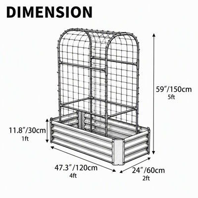 2-in-1 Raised Garden Bed with Trellis - 59" Tall Arch Planter Box for Climbing Plants, Outdoor Galvanized Metal Gardening Bed for Vegetables
