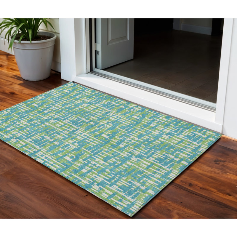 3' X 5' Turquoise Green And Ivory Abstract Washable Indoor Outdoor Area Rug