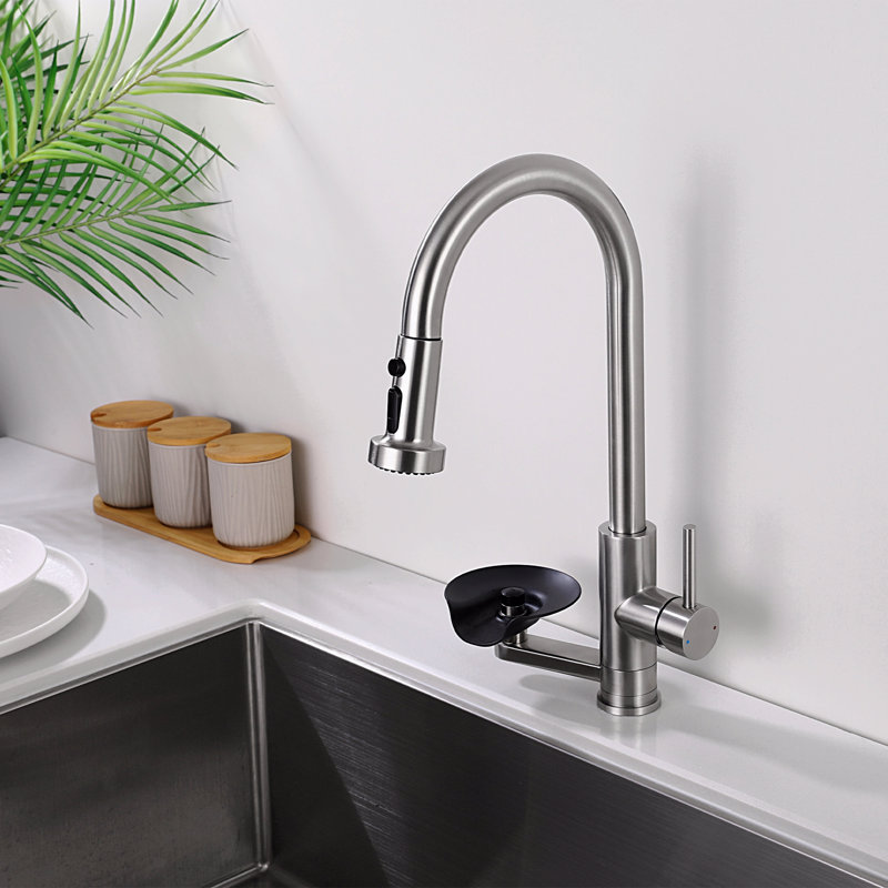 3-In-1 Kitchen Faucet With Press-Type Glass Rinser, High-Arc Pull-Down Sprayer Faucet, 3 Function Spray Mode Finish