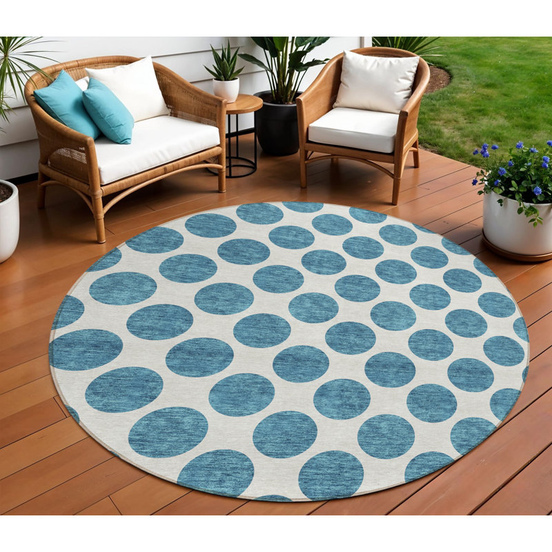 Tapis rond bleu sarcelle lavable à pois 8 po