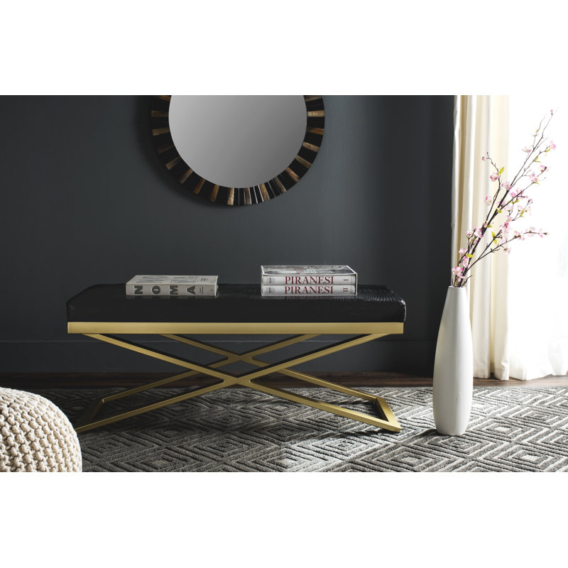 Serena Faux Leather Upholstered Bench, Black Crocodile/Gold